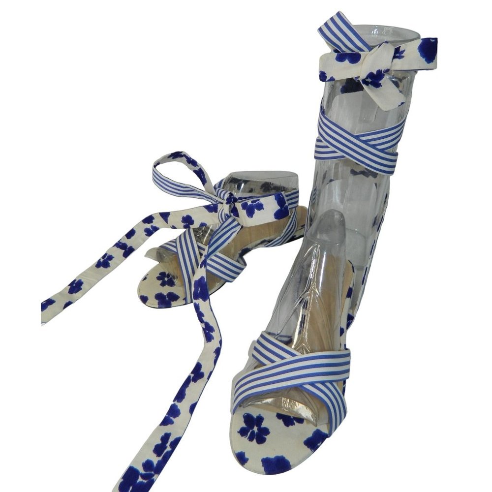 Cabi Gladiator Sandals Sz 10 Striped Purple Blue White Floral Fabric Shoes Flats